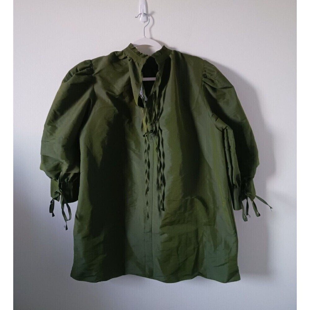 Topshop Puff Sleeve Blouse Womens 14 Green Shimmer Lace‎ Up Oversized NWT